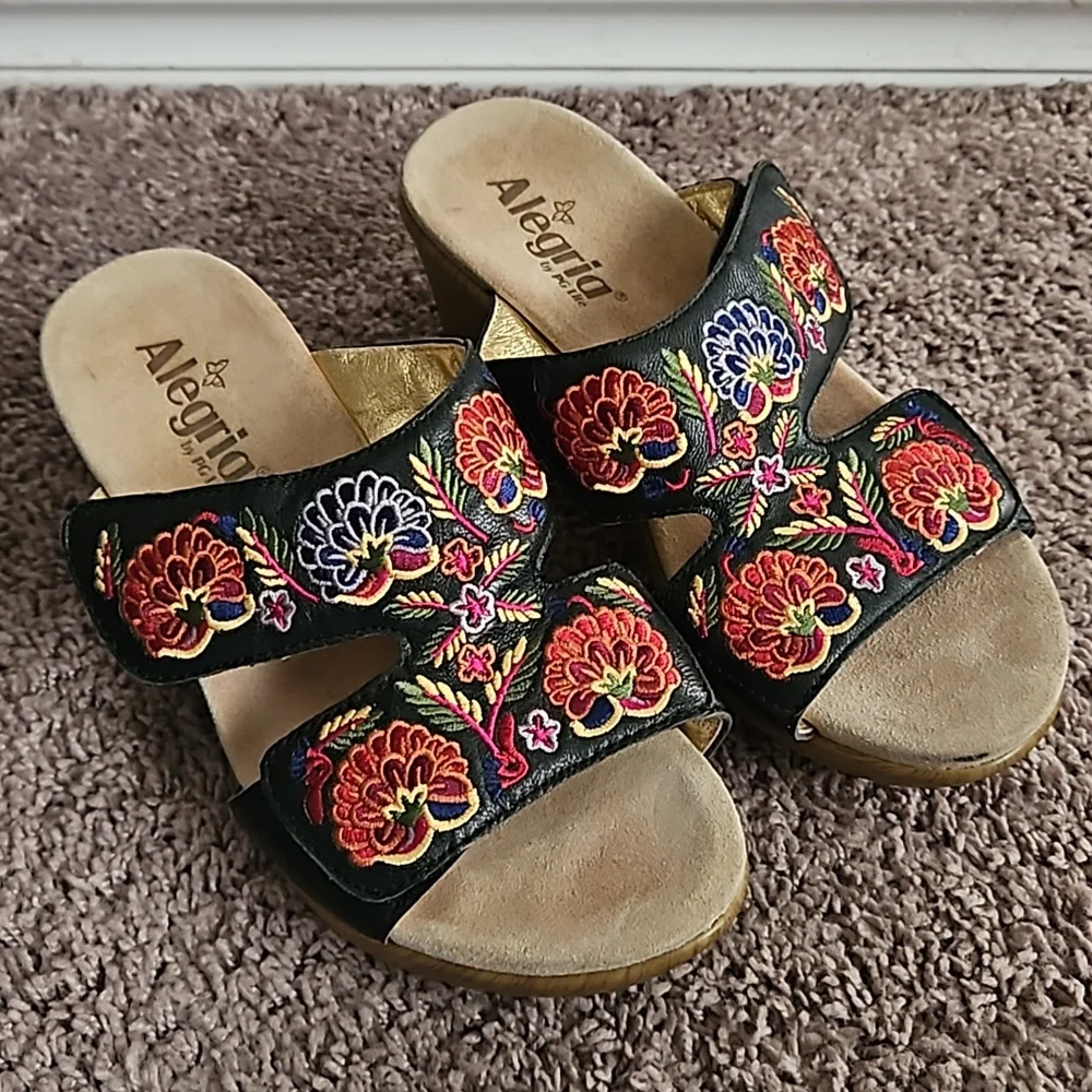 Alegria Lin Embroidered Leather Clog Sandal With Velcro Straps
